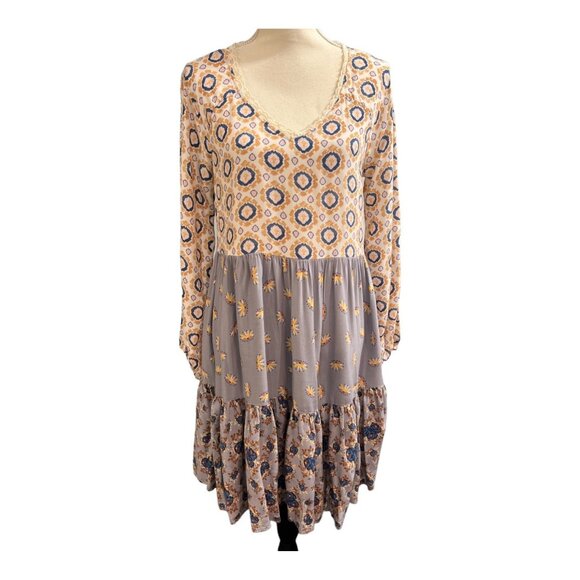 Matilda Jane Dress Womens M Multi Patterned Tiered Midi Lace Trim Boho Hippie - Picture 1 of 7